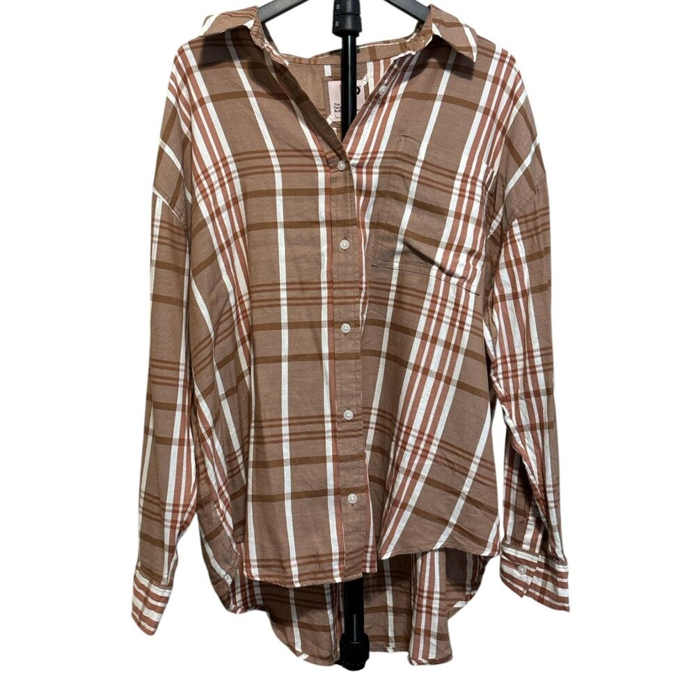 SO Brown Plaid Button-Up Shirt Women's Size L Long Sleeve Collared Casual Top